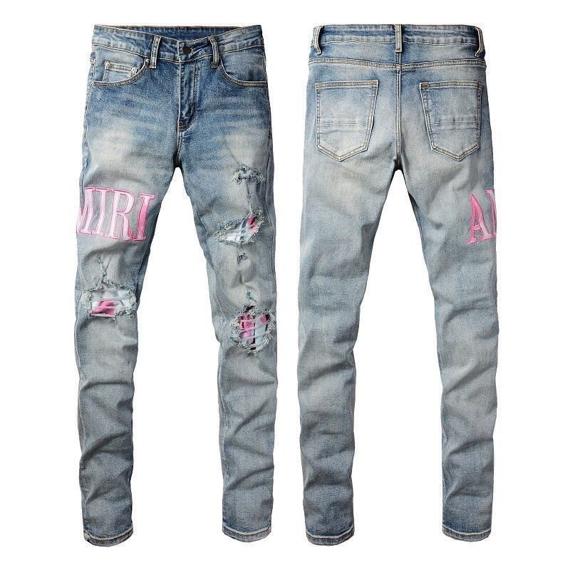 Amir High Street Logo Spring and Summer Black Ripped Letter Embroider Slim Stretch Skinny Jeans Men's Trendy 649