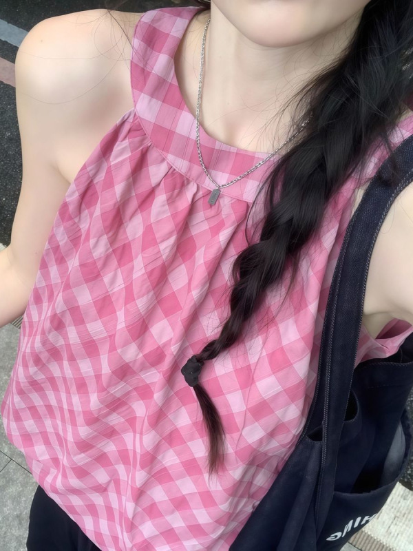 复古百搭撞色格子无袖背心女夏季2025新款甜美减龄宽松花苞上衣潮|undefined