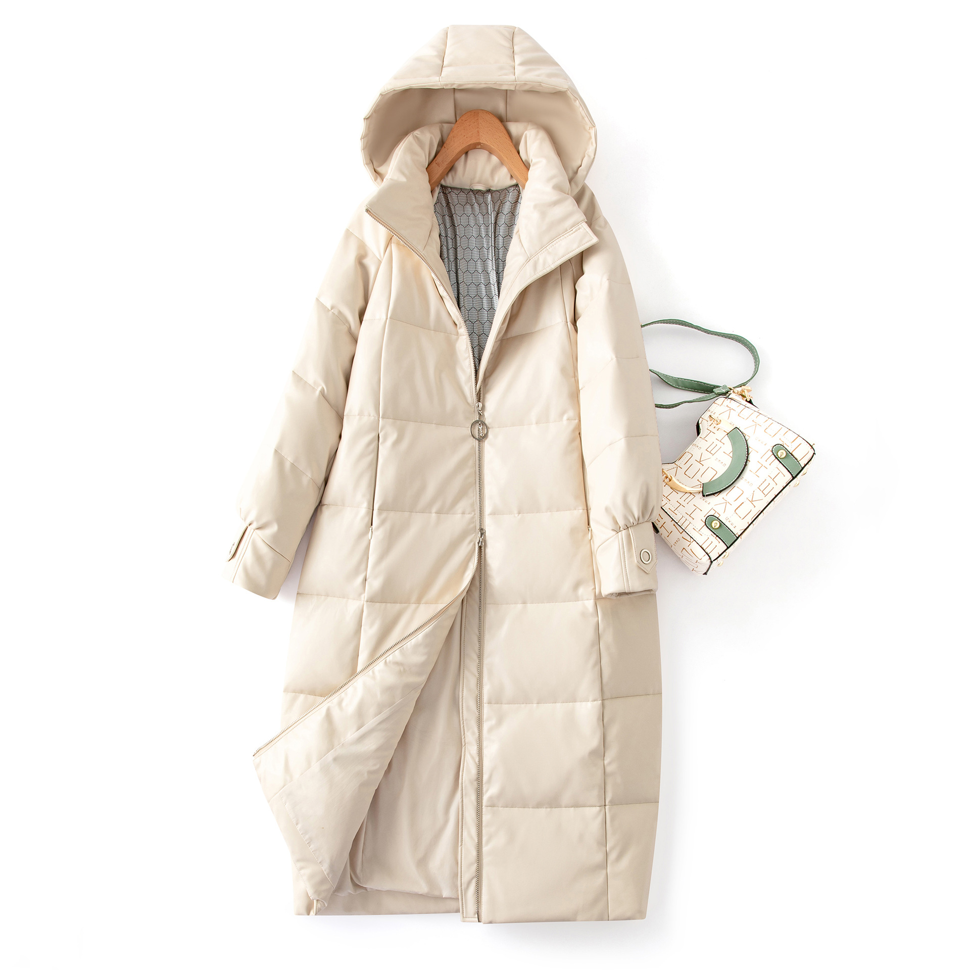 가죽 다운 2024 겨울 후드 다운 재킷 한국 여자 긴 플러스 사이즈 허리 가죽 재킷 슬림 그래 핀 폭스 모피