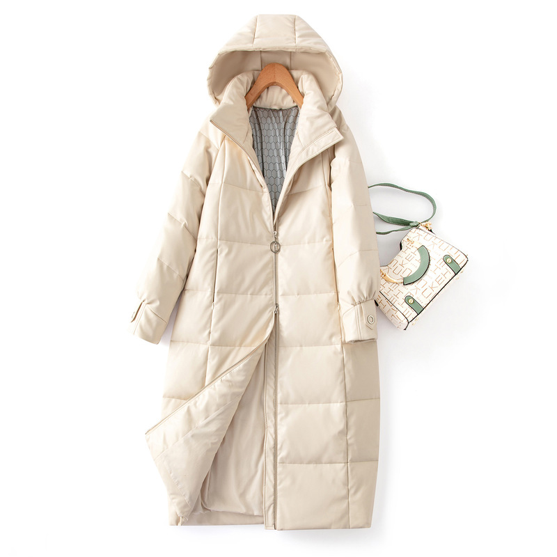 Leather Down 2024 Winter Hooded Down Jacket Korean Women's Long plus size Waist Leather Jacket Slim Graphene Fox Fur