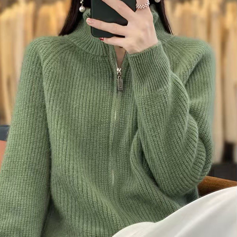 Autumn and Winter New Wool Blended Knitted Cardigan Women's Loose Zipper Sweater Versatile Knitted Jacket Lazy Top Women