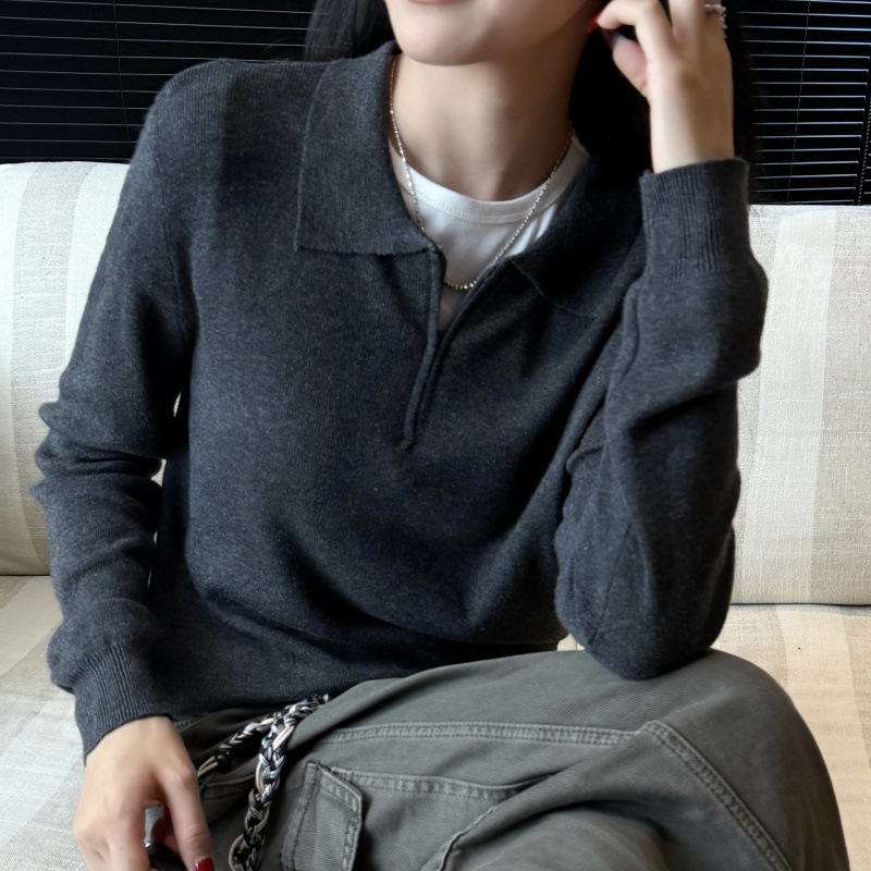 实拍#复古针织POLO衫女早秋百搭设计感小众宽松休闲外穿长袖|undefined
