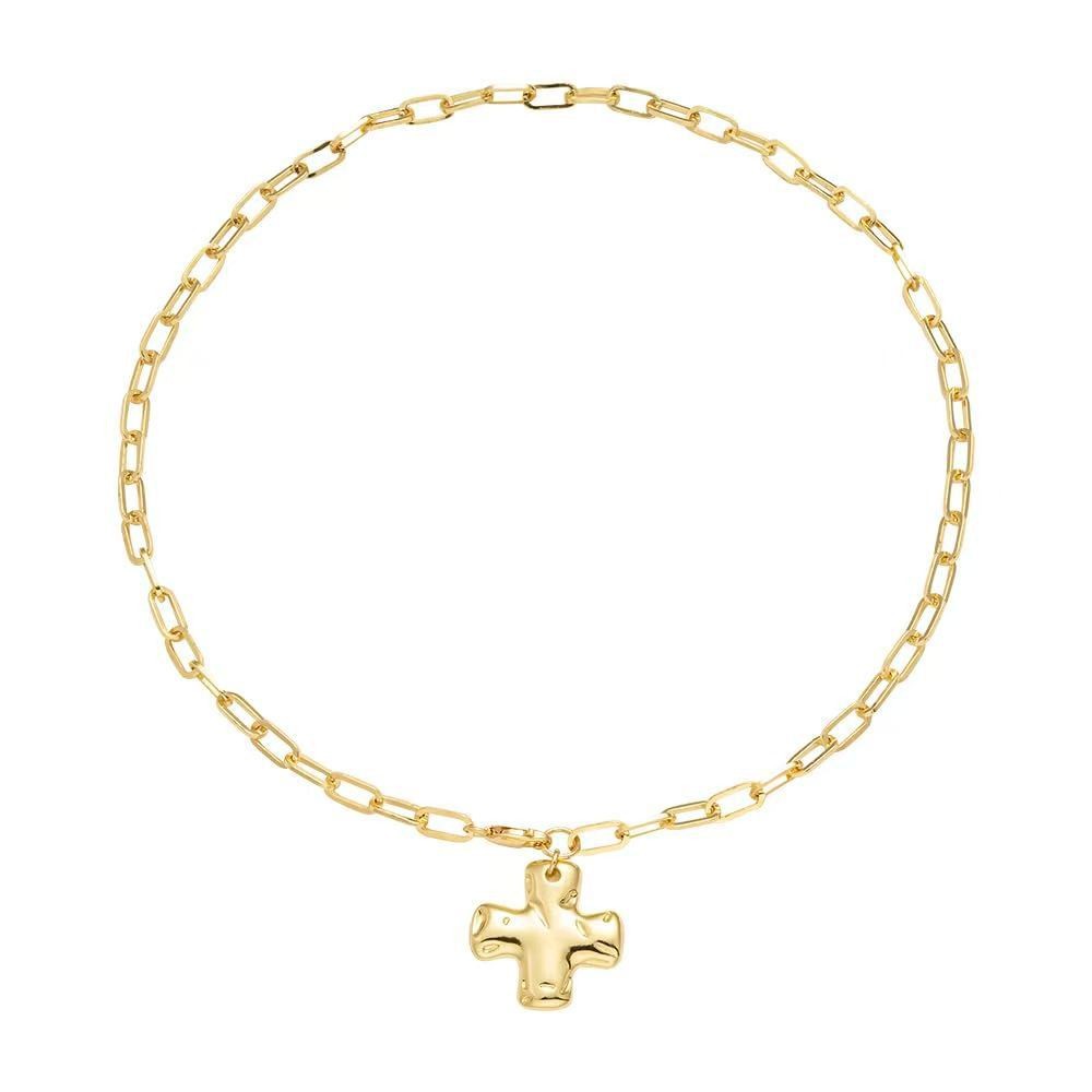 Exaggerated Paperclip Chain Necklace With Cross Clasp Gold Tone_voghion.com