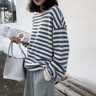 跨境卫衣女2025秋季新款批发蓝白条纹长袖T恤女薄款学生圆领卫衣