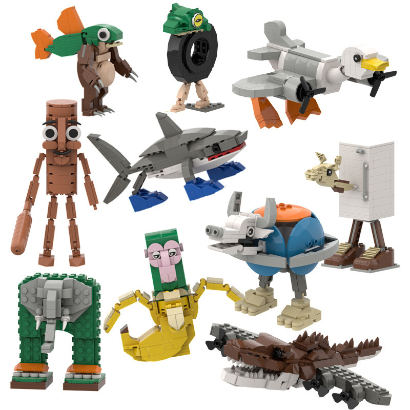 Cross-Border Foreign Ai Mountain and Sea Scripture Building Block Series Figurines with Wooden Sticks, People Wearing Shoes, Shark Model Ornaments