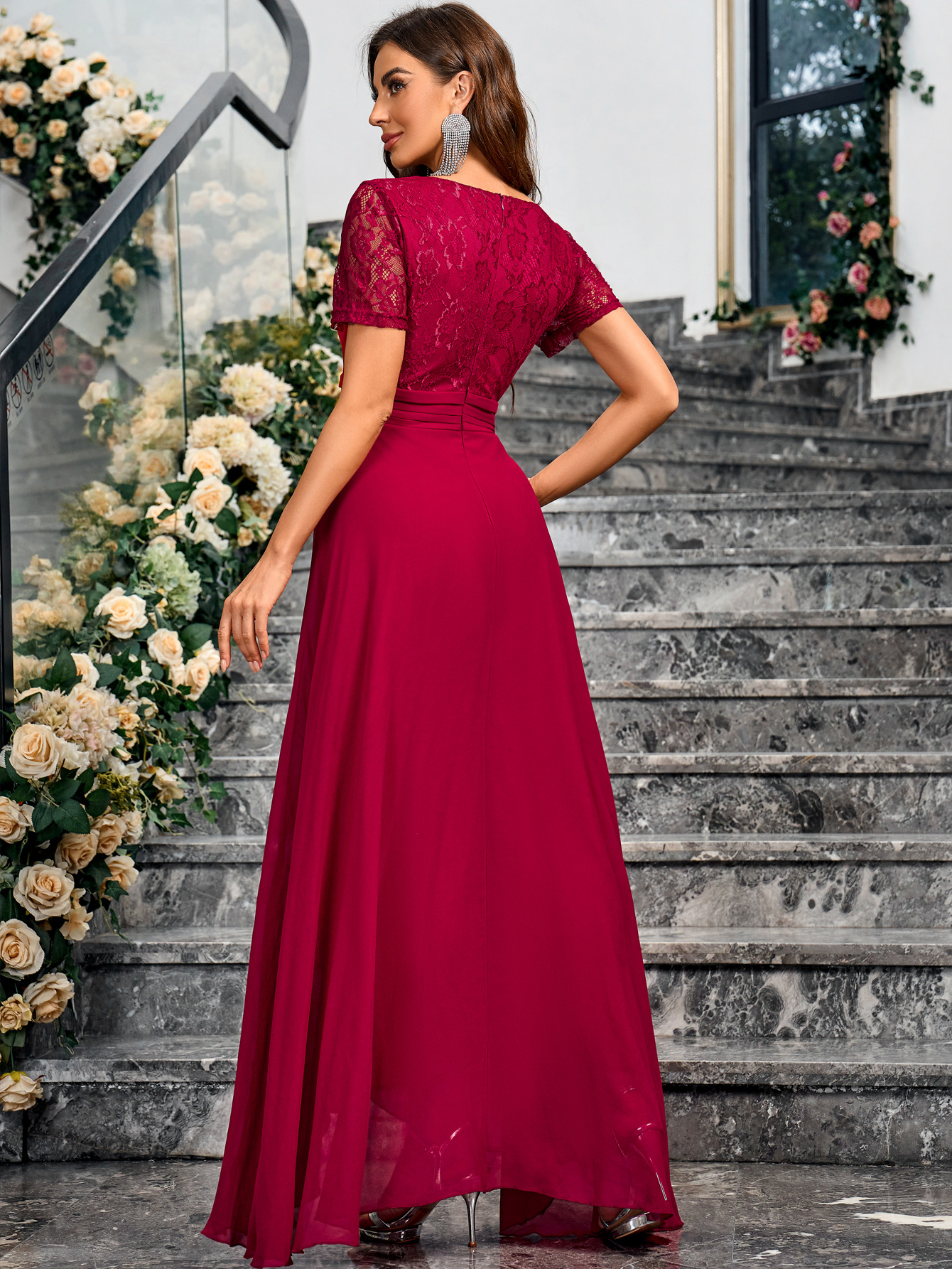 Nuevo estilo de comercio exterior europeo y americano burdeos vestido de novia temperamento elegante vestido de mujer vestido de noche transfronterizo