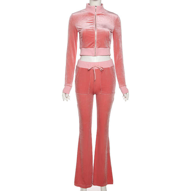 Plain Velvet Zipper Top With Pants Women Tracksuits