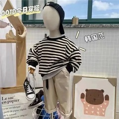 童裝兒童秋冬新款男女童條紋衛衣長袖百搭韓版寶寶加絨上衣打底衫