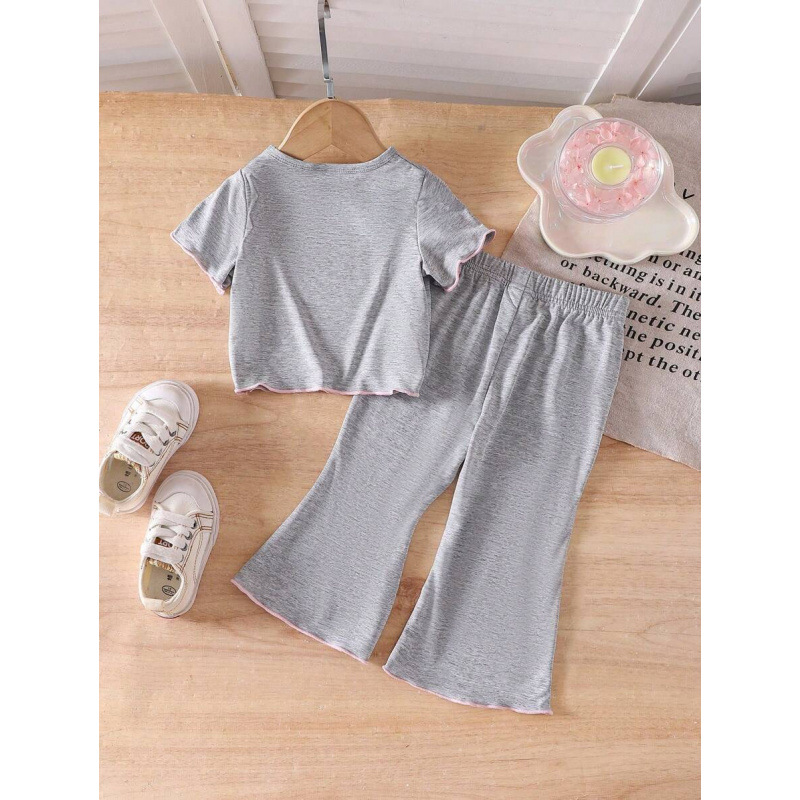 Transfronterizos Grey Knit Short Sleeve Bowknot Top Bell Bottom Pants