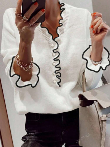 European and American independent station new autumn lace design long-sleeved V-neck all-match clothes for women's light luxury