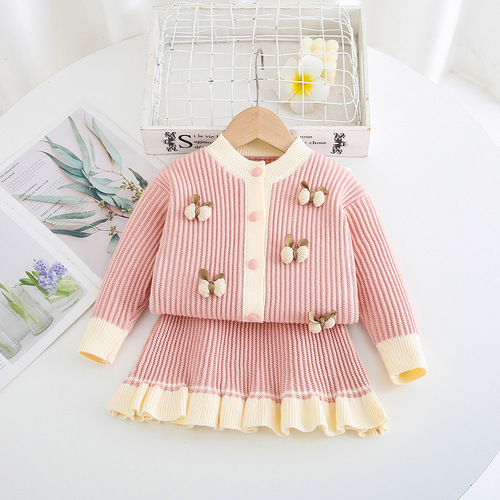 Children's cardigan dress for girls, cute butterfly knot decoration, knitted sweater set, two-piece fish tail dress, knitted set dress