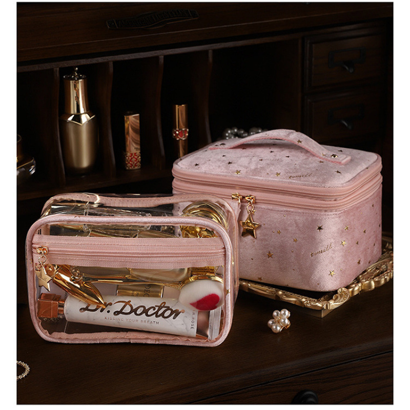 Bolsa de maquillaje de gran capacidad portátil para salir grande 2025 bolsas de almacenamiento de maquillaje de terciopelo de viaje de mano para mujeres