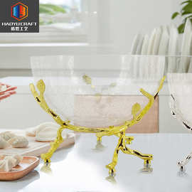 现代简约冰花玻璃糖果盘创意金属脚架装饰托盘欧式裂纹玻璃水果盘