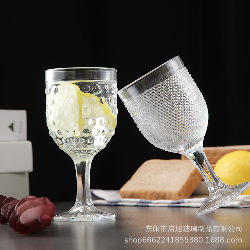创意珠点高脚杯欧式透明玻璃酒杯果汁冷饮冰淇淋杯复古浮雕红酒杯