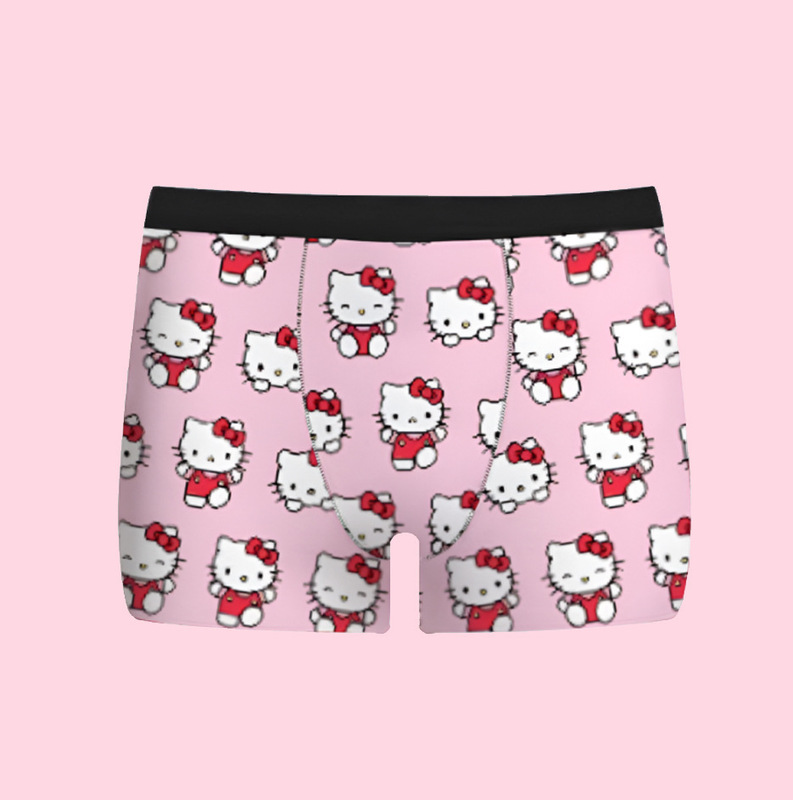 Hellokitty Cat Cute 3D Printed Men's Underwear Mid-Waist Elastic Breathable Milk Silk Boxer Briefs