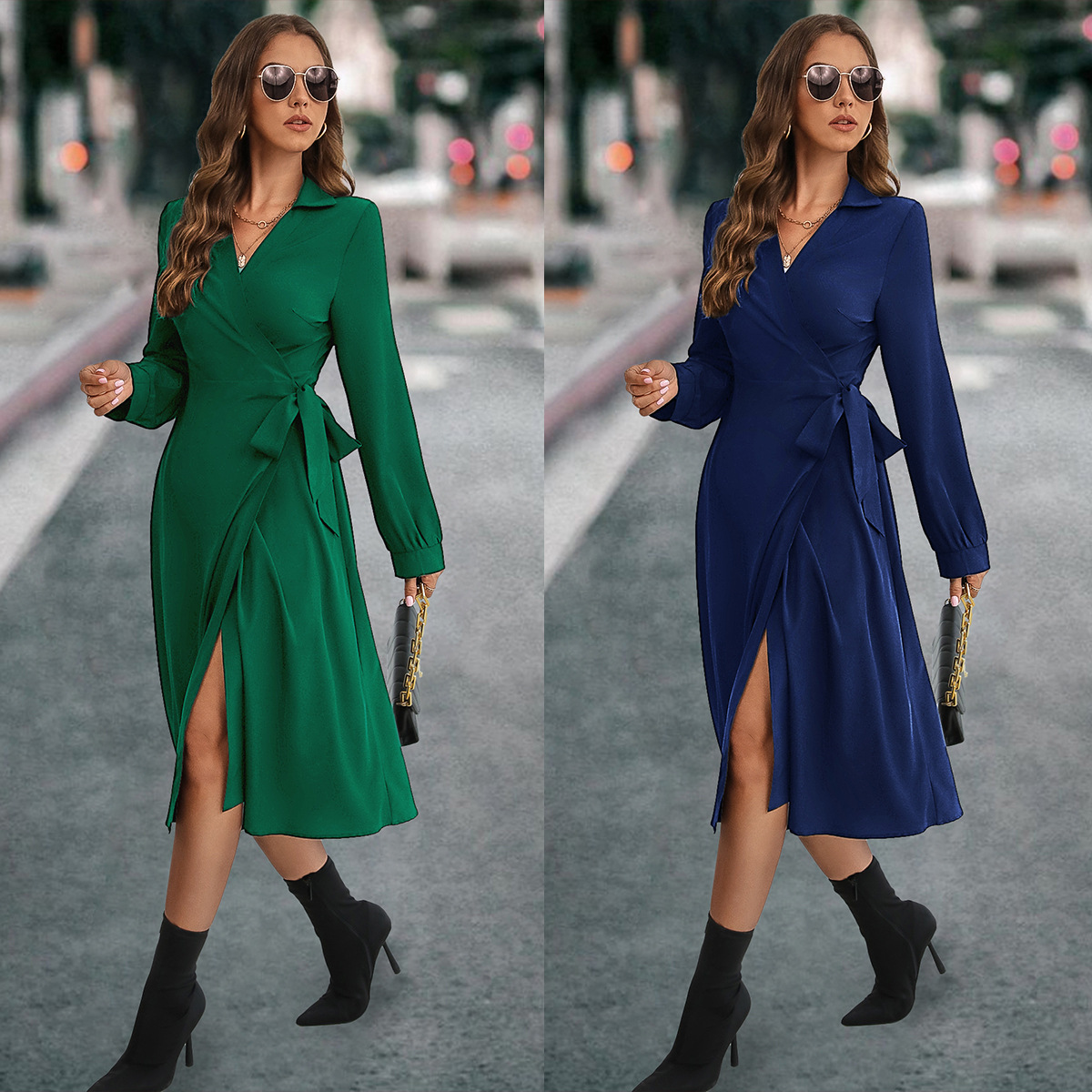 Robe à col en V croisé pour femmes, tendance tendance_voghion.com