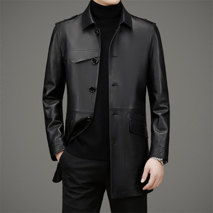 Haining Leather Coat Leather Coat Mid-length Top Sheepskin Spring Middle-aged Dad High-end Soft Leather Jacket for Men
