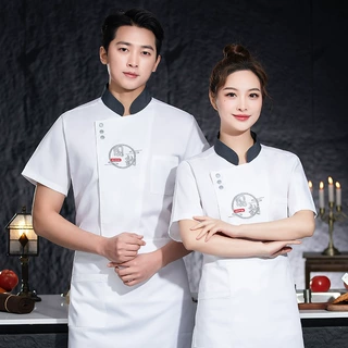 高档厨师工作服短袖男春夏季酒店餐厅饭店茶楼火锅店厨师服装刺绣