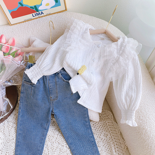 Girls' Blouse 2025 Spring and Autumn Baby Girls' Lace Trimmed Turn-down Collar Long-sleeved Base Shirt Princess Top Drop Shipping