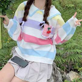 秋冬新款甜美减龄娃娃领撞色条纹针织衫女显瘦慵懒温柔风软糯毛衣