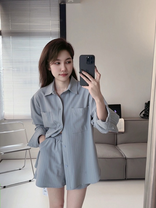 alo新款休闲条纹长袖衬衫短裤套装女百搭宽松显瘦简约优雅慵懒风|undefined