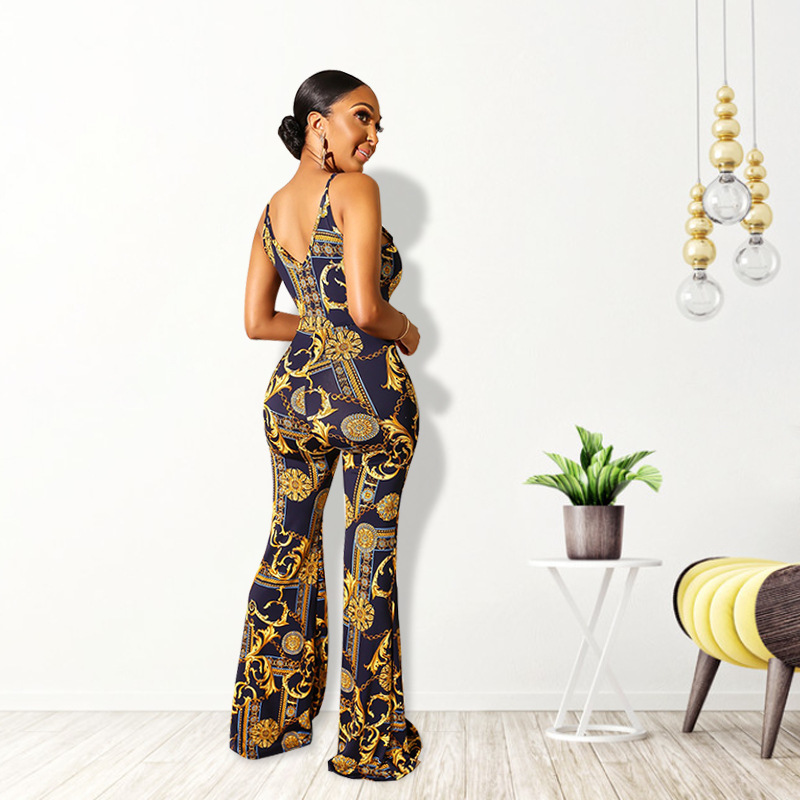 Printed sling low-cut backless slim Jumpsuit NSFH126687