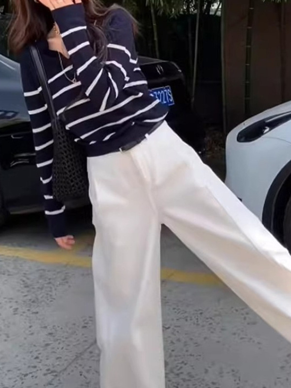 藏青色条纹polo领长袖针织衫女早秋季设计感小众翻领宽松显瘦上衣|undefined