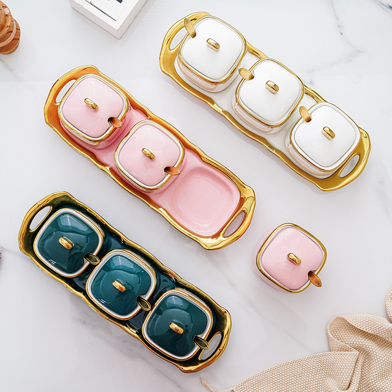 Luz nórdica de lujo cerámica condimento tarro condimento caja creativa sal tarro condimento caja combinación traje de almacenamiento tarro cocina suministros