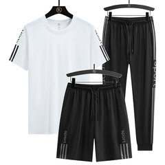 Men's Ice Silk Sports Set 3-Piece T-Shirt and Shorts Set: Ice Silk Trousers and Short Trousers