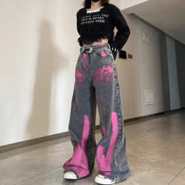 涂鸦扎染vibe设计感美式高街复古牛仔裤女秋冬款潮牌hiphop长裤子