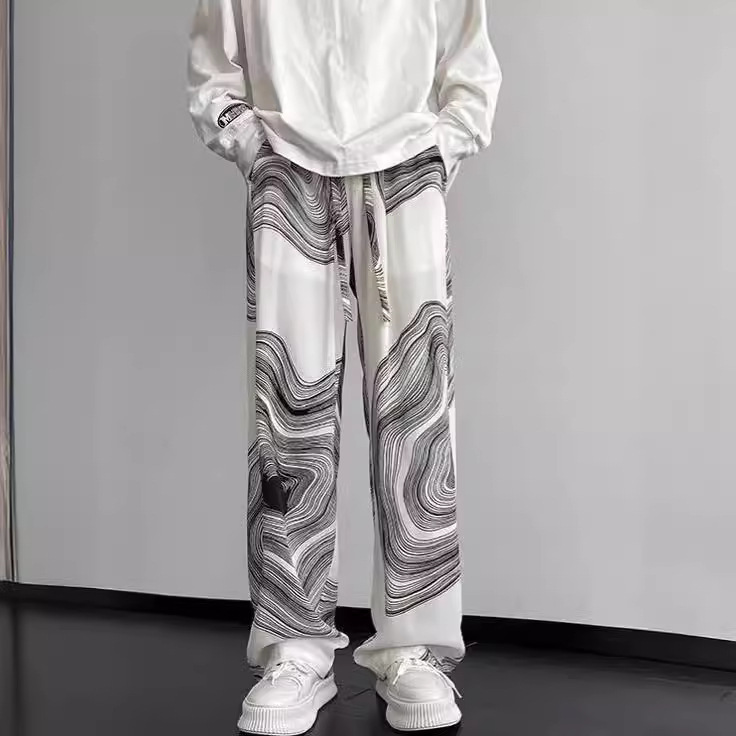 2024 Summer Thin Hong Kong-style Casual Loose Straight Pants Unisex Men's and Women's Ink Painting Striped Trousers