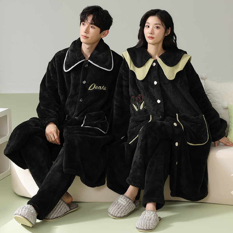 カップル用パジャマ 冬用 コーラルフリース 厚手 秋冬用 男女兼用 裏起毛セット 冬用ナイトガウン ホームウェア