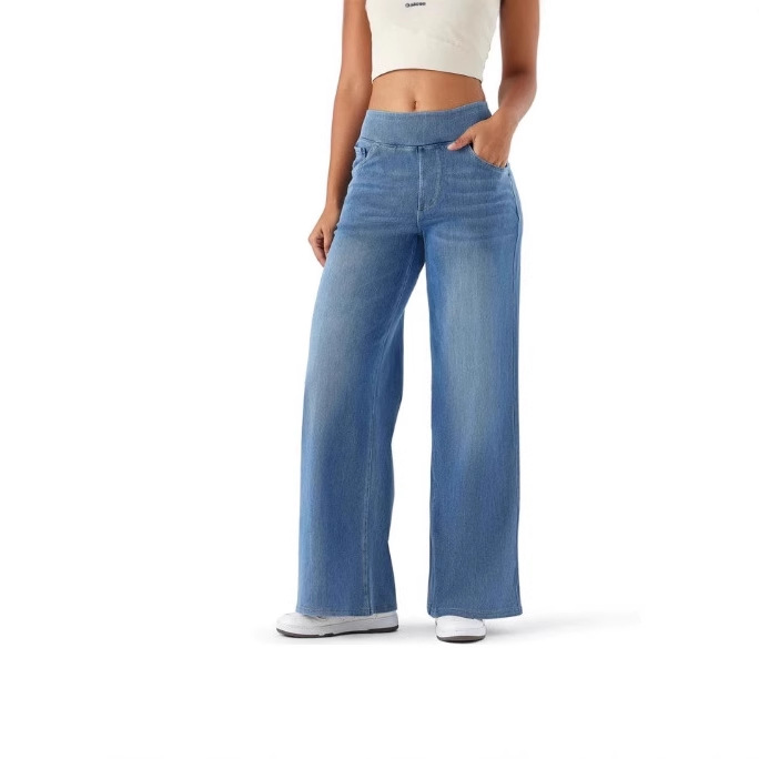Washed High-Waisted Wide-Leg Jeans with Elastic Waist and Drapey Straight-Leg Pants, Slimming Loose Pants, Trendy Denim Trousers for Women