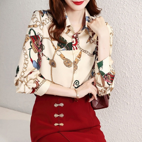 Chain Print Blouse 2025 Spring Chiffon Top Luxury Women's Shirt