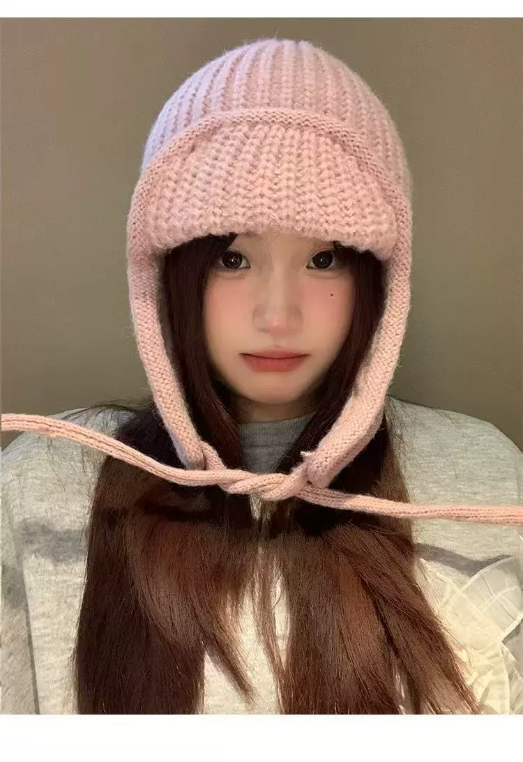 Зимний шарф‑шапка Korean Knit Earflap Hat для женщин, мягкий и тёплый, 56–58 см, фуксия, белый, серый, хаки, черный