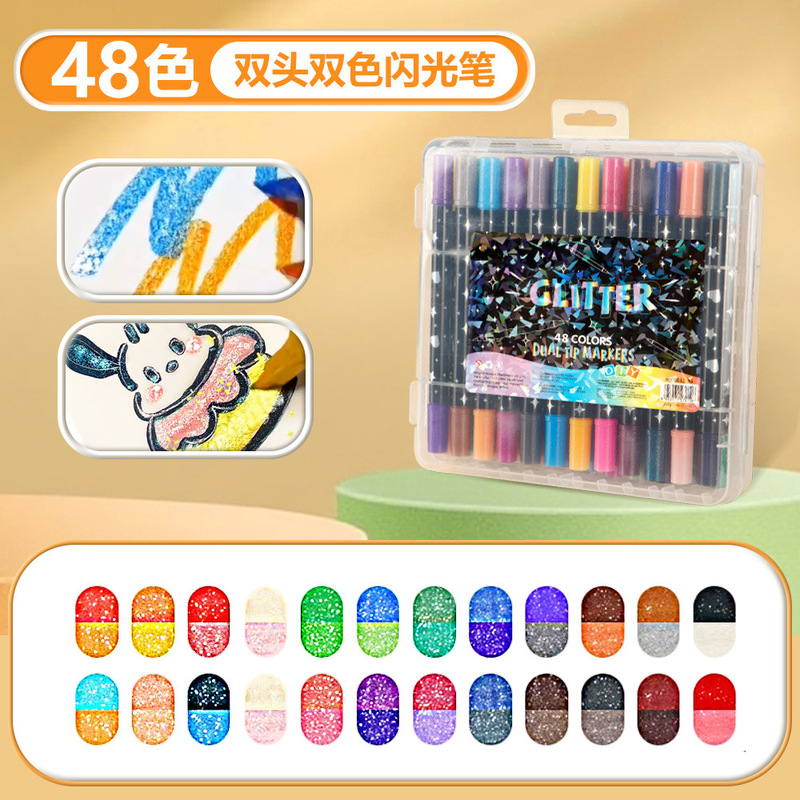 Temu ホット販売双頭 2 色グリッターマーカーペン DIY ソフトヘッド絵画グリッターペン学生キーマーカーペン|undefined