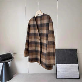 鼎鼎~~太有氛围感！嫡y~意大利羊驼毛双面呢手工撬针格纹毛呢大衣