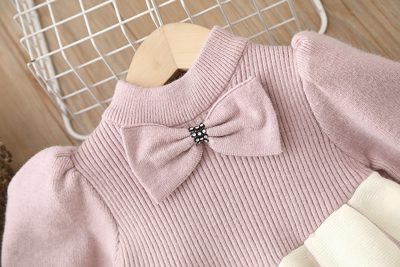 Winter, Autumn Season Elegant Color Block Bow Knot Polyacrylonitrile Fiber Girls Dresses