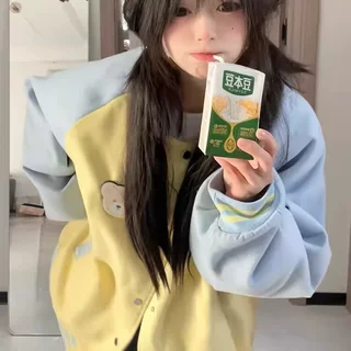 跨境美式复古撞色拼接棒球服外套女春季潮牌宽松魔术贴小熊上衣