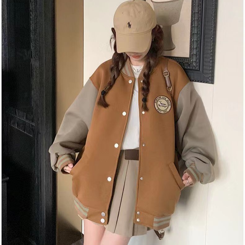 慵懒风棒球服外套女秋冬新款韩版加绒加厚复古宽松休闲卫衣ins潮|undefined