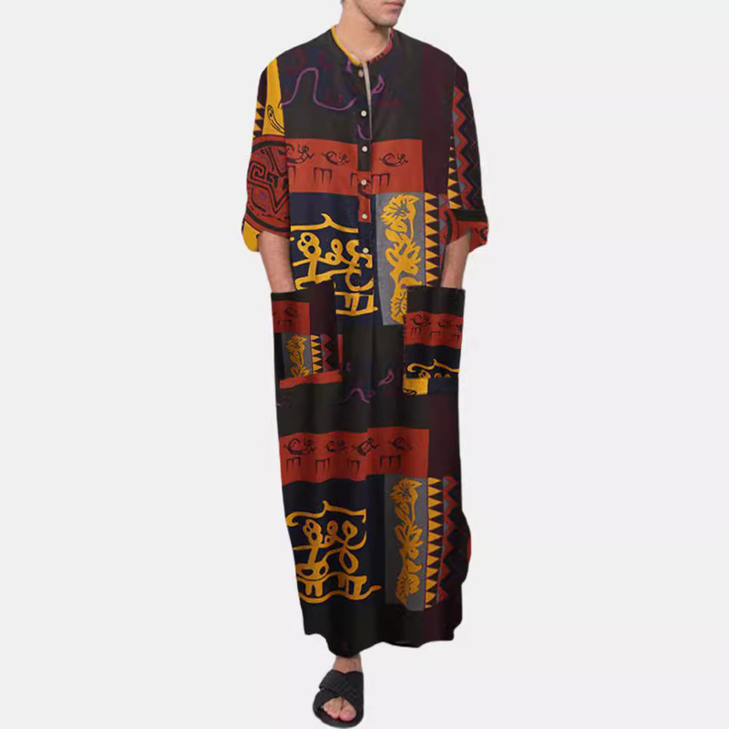Men's Long Robe, European and American Casual Loose Style, Traditional Style with Oracle Elephant Print, Long-Sleeved One-Piece Outfit