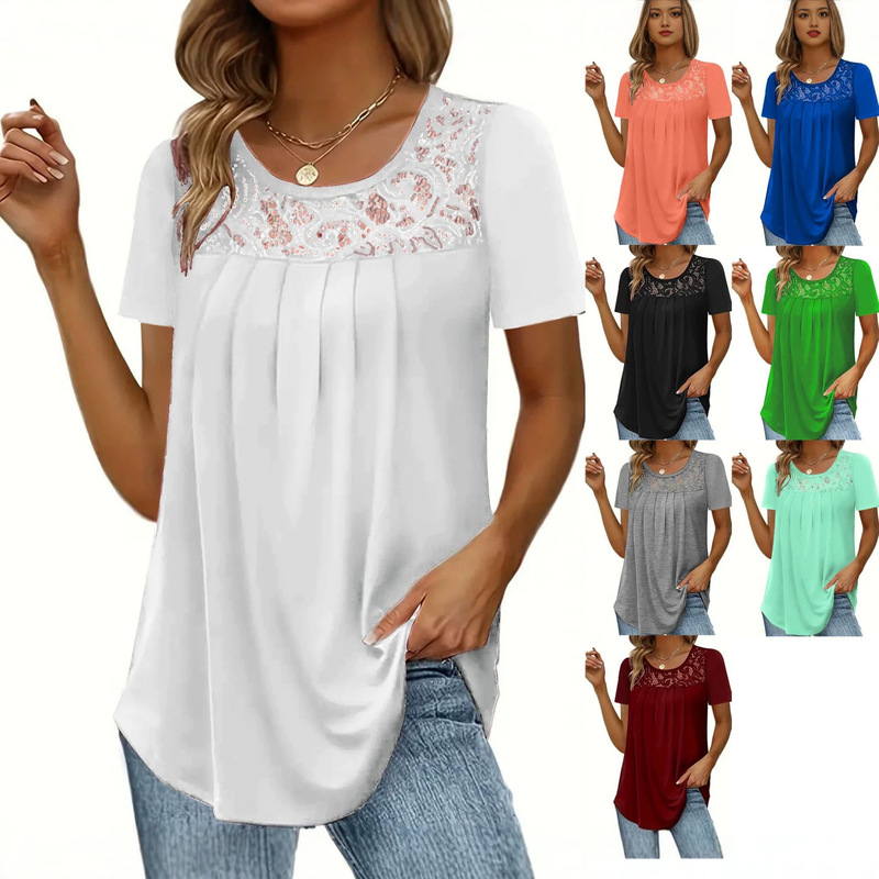 2023 New Amazon AliExpress European and American Women's Fashion Top Nose Lace Short Sleeve Solid Color T-Shirt