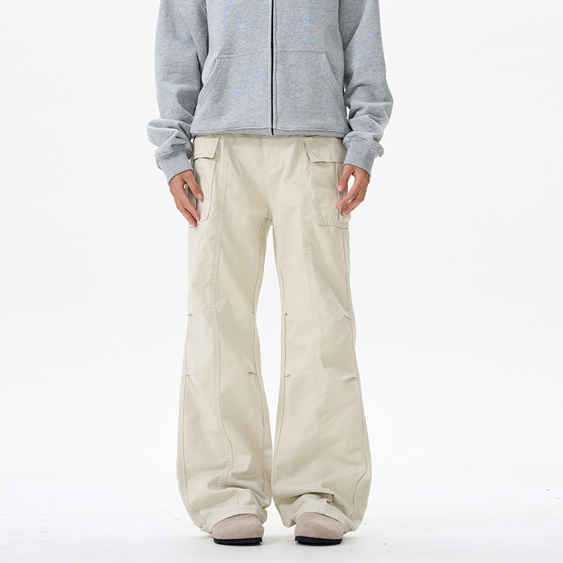 American Retro Niche Pleated Design Washed Vintage Wide-Leg Cargo Pants for Men, Loose Versatile Multi-Pocket Casual Pants