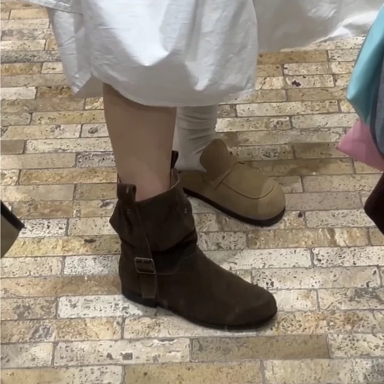 羊皮版~复古褶皱堆堆靴子韩版小众美拉德短靴女西部牛仔靴骑士靴|undefined