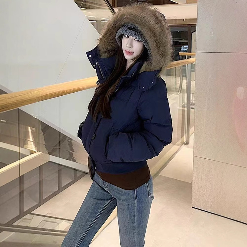 Winter Versatile Navy Blue Hooded Fur Collar Short Cotton Jacket Women's New Warm Thickeneded down Cotton Jacket Winter Versatile Navy Blue Hooded Fur Collar Short Cotton Jacket Women's New Warm Thickeneded down Cotton Jacket