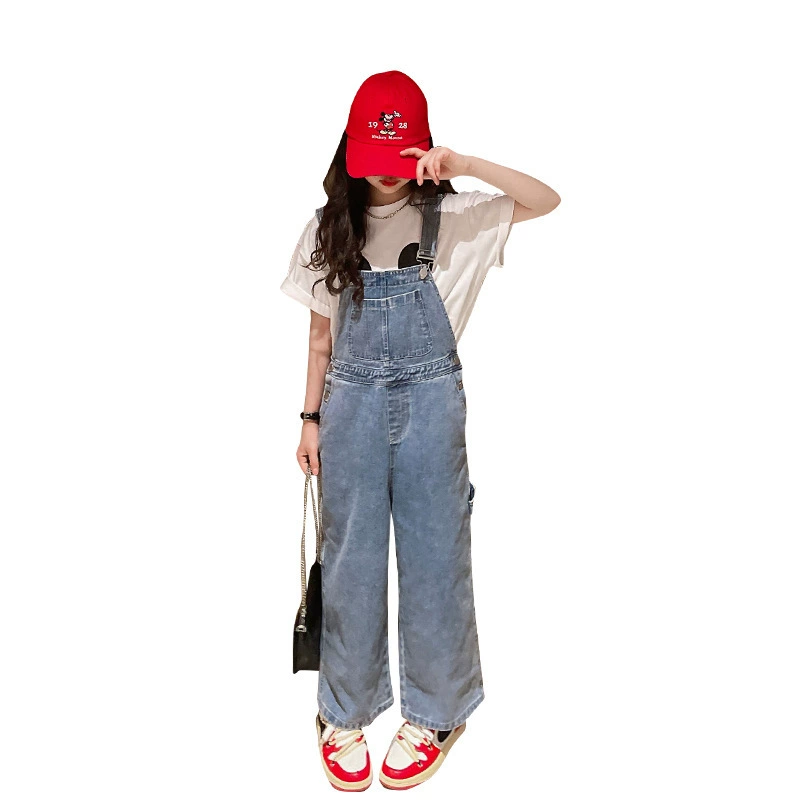 Denim fashionable overall, children's autumn casual trousers for leisure, 2022 collection, Korean style