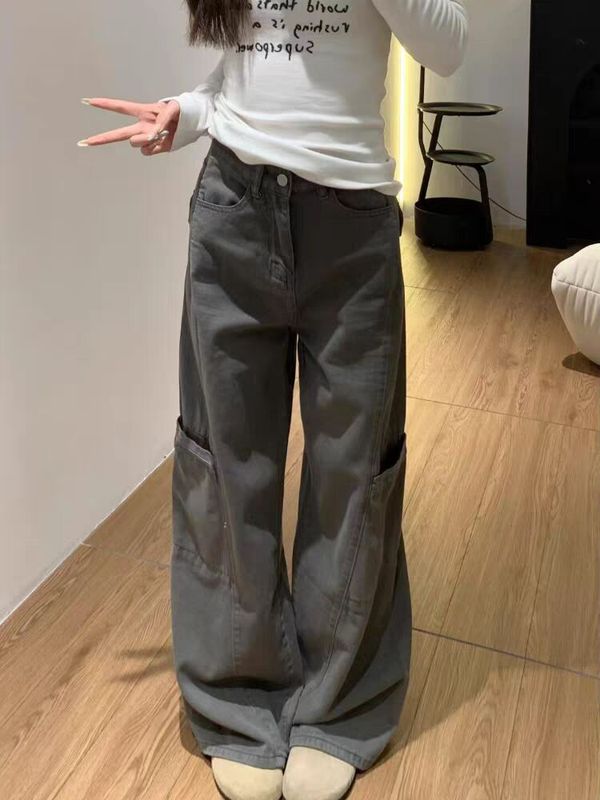 美式深灰色阔腿工装裤女春季新款大码胖mm宽松梨型身材拖地牛仔裤|undefined