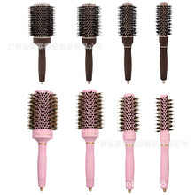 美发陶瓷铝管卷发造型梳猪鬃毛尼龙咖啡色圆筒美发梳批发滚梳卷发