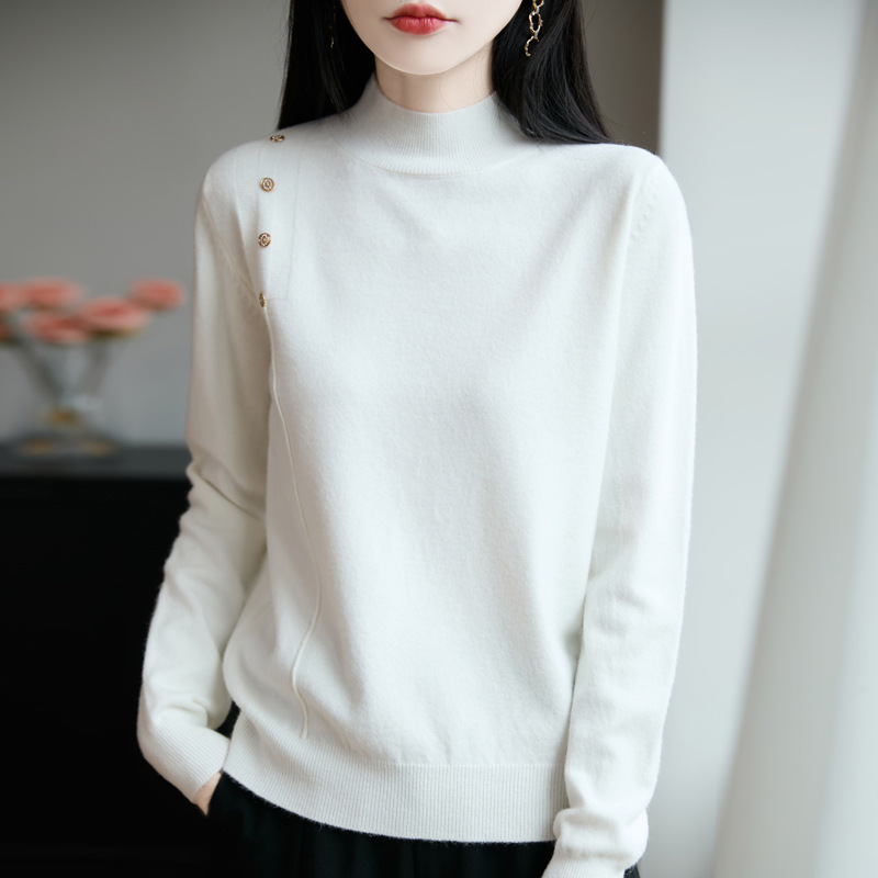 法式设计感纽扣半高领针织衫女内搭打底毛衣秋季新款洋气小衫上衣|undefined
