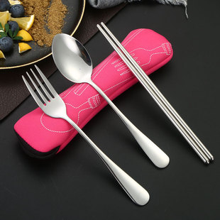 Cross-border stainless steel tableware portable cloth bag three-piece spoon Fork chopsticks outdoor picnic travel student tableware suit